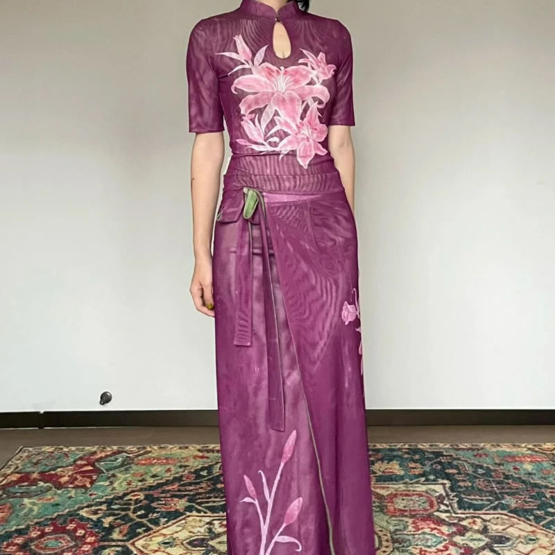 

Летний модный облегающий комплект: юбка-миди и топ в китайском стиле, двусторонний воротник-стойка, чонсам для женщин