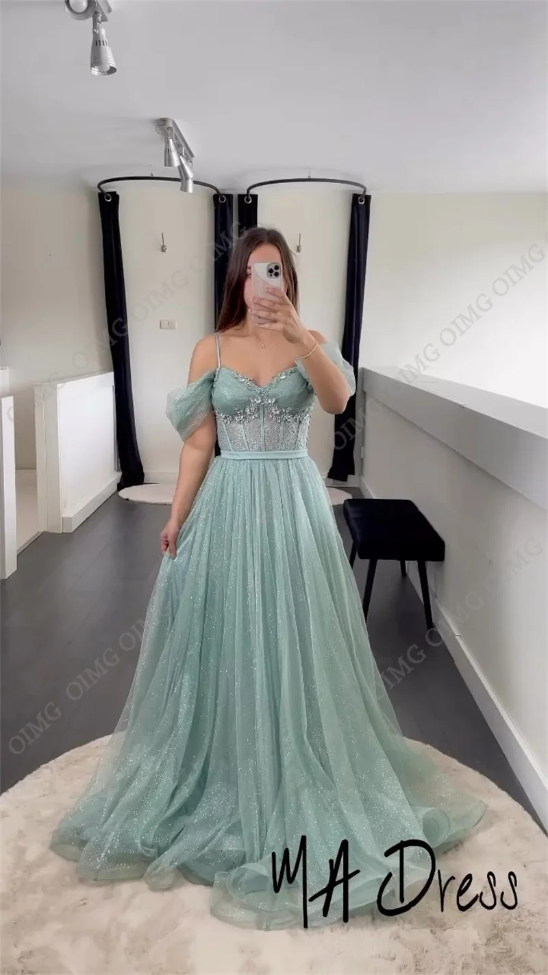 OIMG Glitter Sequins A Line Lace Party Dresses Off Shoulder Sweetheart Prom Evening Dresses Shiny Long Vestidos De Fiesta