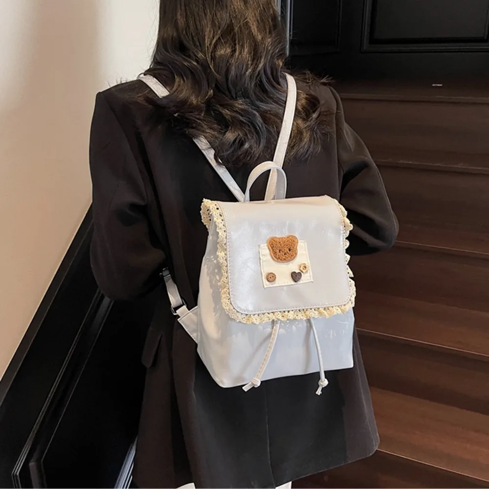 Sweet Ruffled Lace Fashion Backpack PU Leather Top Handle Drawstring Backpack Casual Ballet Style Cute Bear Knapsack Women