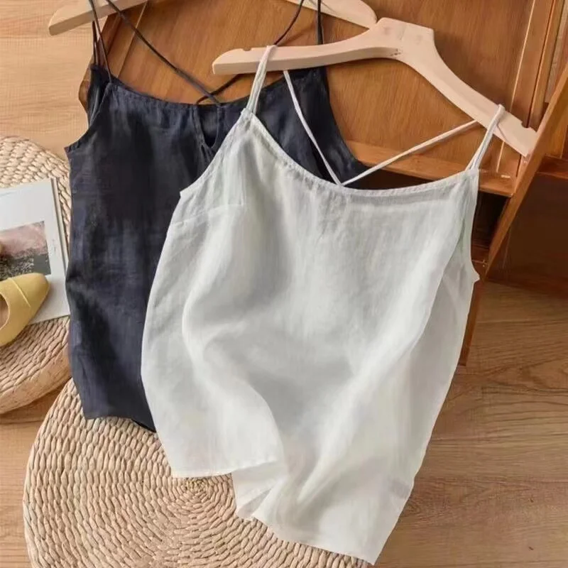 100% Pure Cotton Summer Camisole Tank Top Loose Fit Inner Wear Base Layer Strap Vest Large Size Versatile Color Women's...