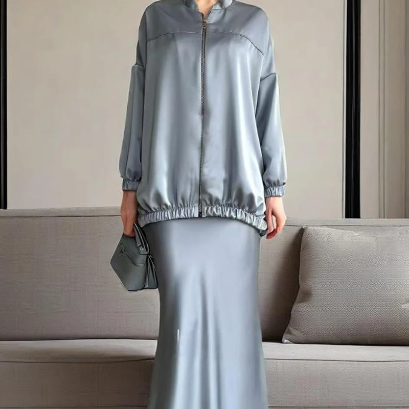 

Autumn Casual Long Sleeve Solid Satin Sets Fashion Zipper Top & Long Skirts 2Pc Outfits Women's Elegant Muslim Half Skirt Suits