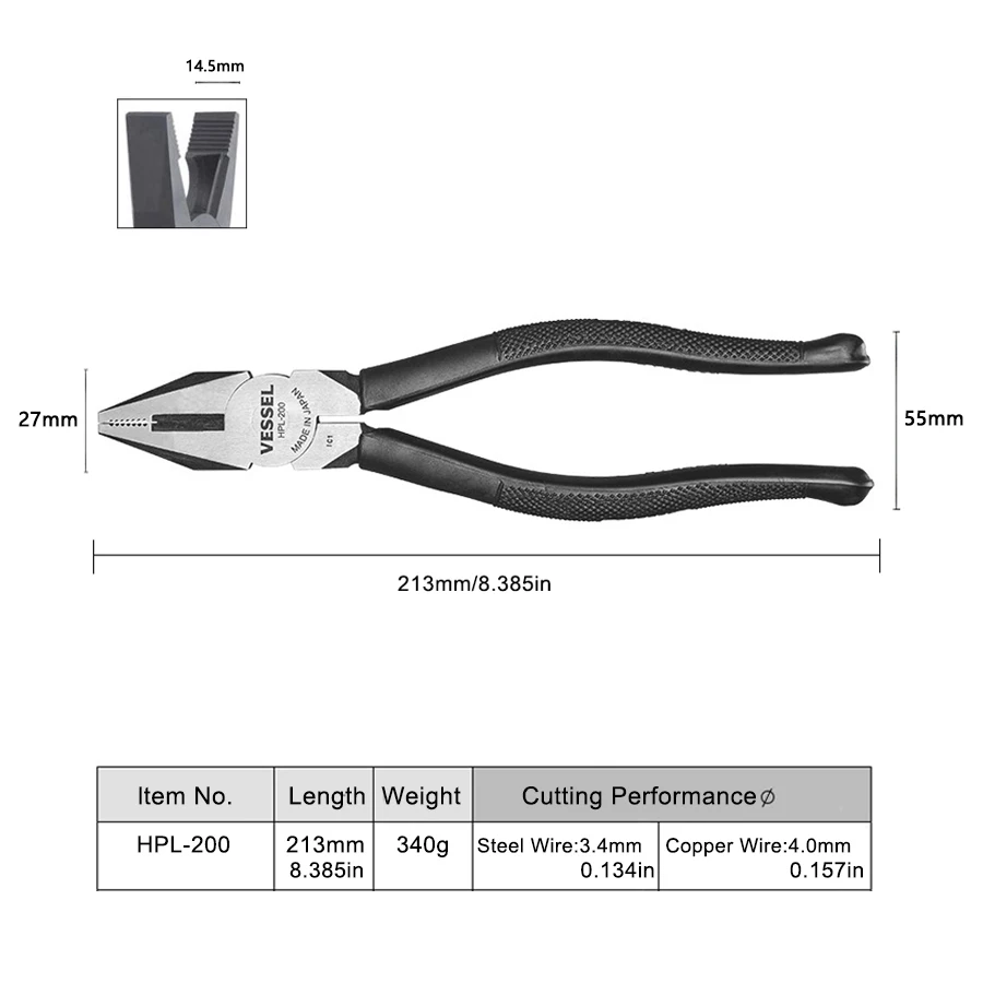 VESSEL Electrical Wire Cutter Pliers Flat-Nose Pliers Strong Steel Wire Pliers 6-Inch 7-Inch 8-Inch HPL-150 HPL-175 HPL-200