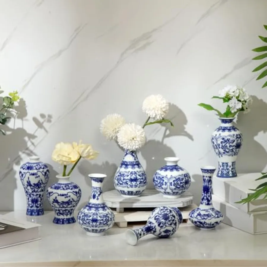 

8 Pcs Mini Chinoiserie Bud Vases Ceramic Blue and White Floral Chinese Porcelain Vase Set for Shelf Table Centerpieces Home Dec