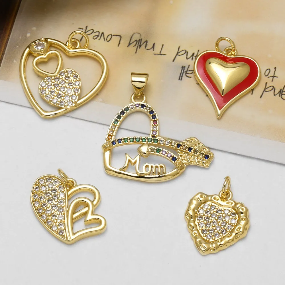 OCESRIO CZ Heart Mom Pendants Gold Plated Copper Cubic Zirconia Love Charms for Necklace Jewelry Making Supplies DIY pdtb964