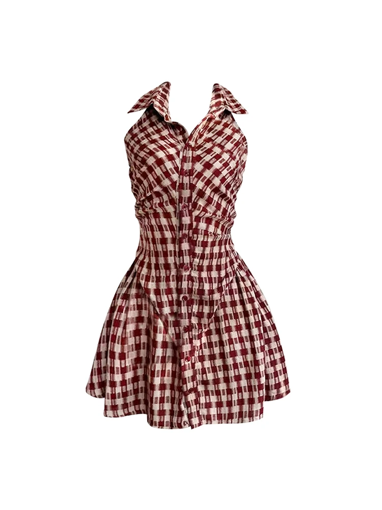 Summer Korean Vintage Plaid Mini Sleeveless Dress Women Vintage 2000s Aesthetic Frocks One-Piece Birthday Party Mori Girl Tide