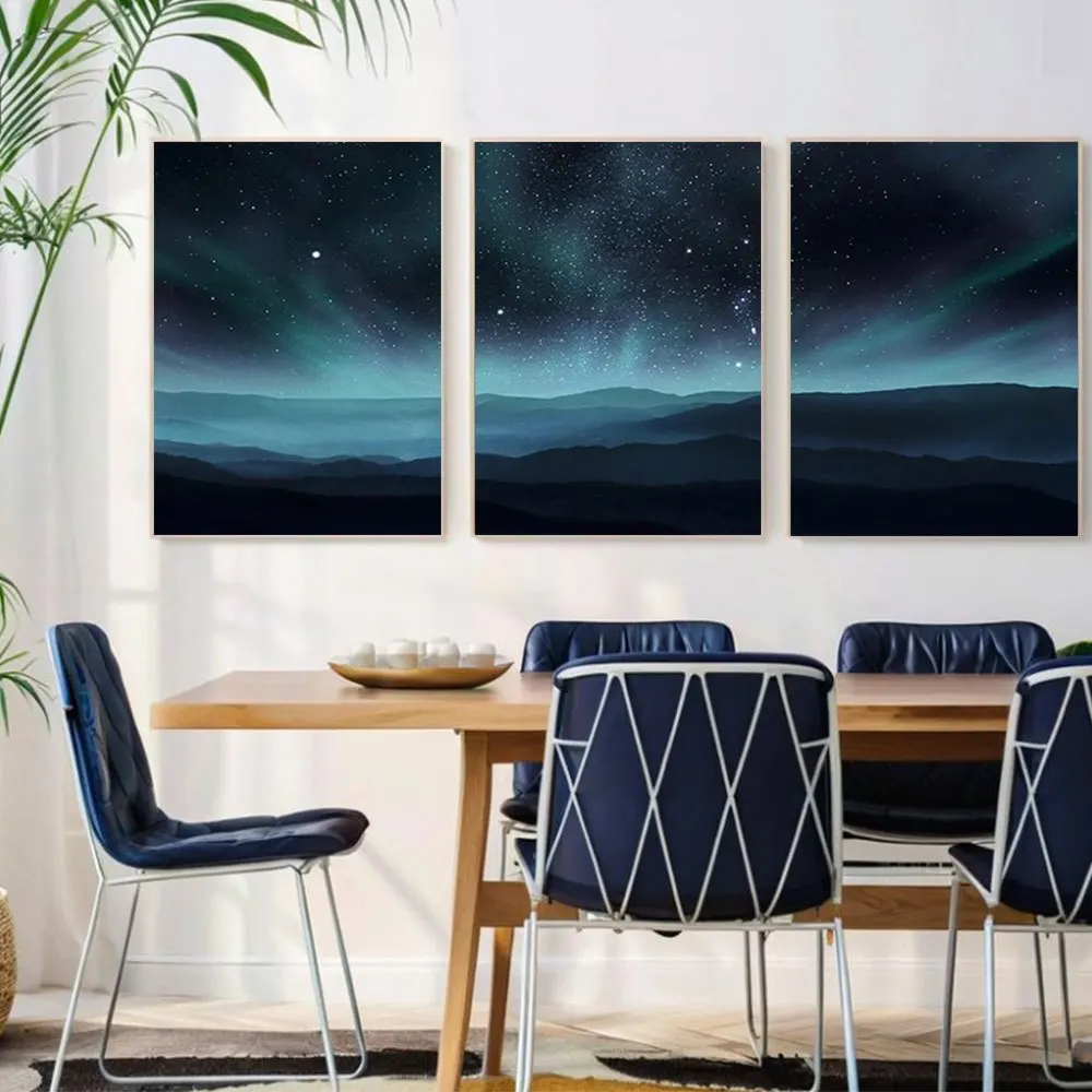 2D Flat, 2D Flat, Set of 3 Unframed Canvas Prints Featuring a Teal Aurora Over a Mountain Range, Showcasing Astronomy And Spa