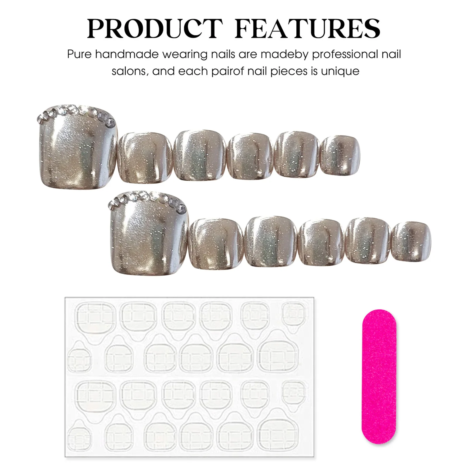 12枚入り ハンドメイド つけ爪 フットネイル シルバーミラー フェイクネイル サマー ショート スクエア オーロラ グリッター 付け爪 足用ネイル ウェアブル 取り外し可能
