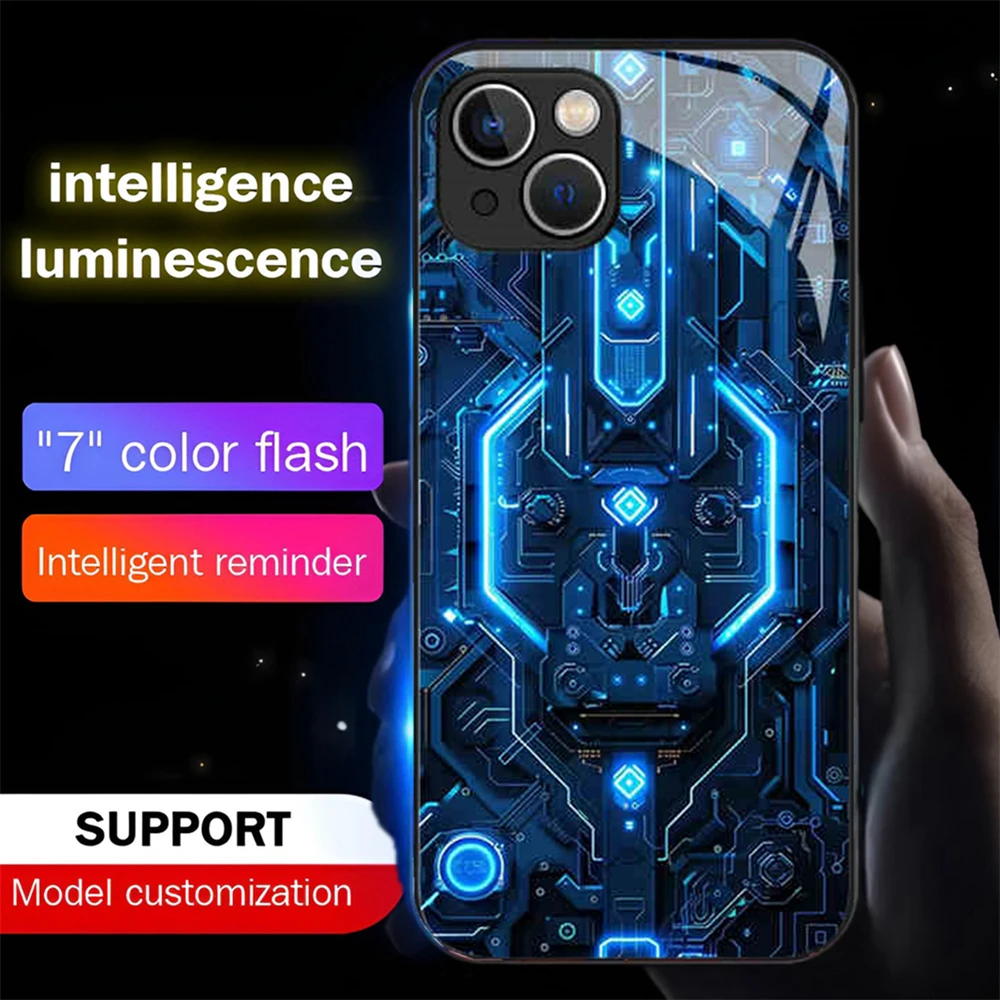 Blue Machinery Technology Smart LED Light Glow Tempered Glass Phone Case For Samsung S24 S23 S22 S21 S20 FE Note 20 Plus Ultra