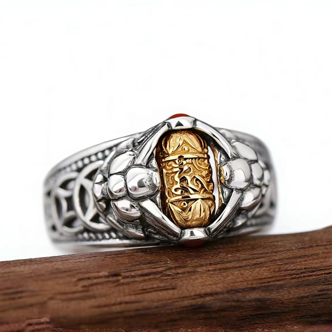 Blessing Scripture Bead Ring Men Jewelry Lucky Wealth Animal Pixiu Coin Design Male Index Finger Ring Adjustable