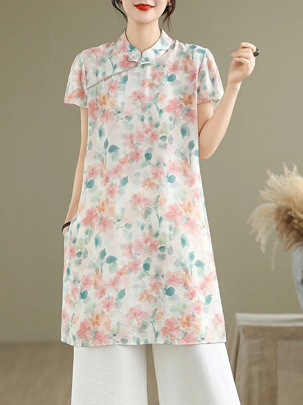 

New Chinese Sle National Trend Flax Print ort Sve irt Women Summer High End Feeling Ele Midi Floral Dr