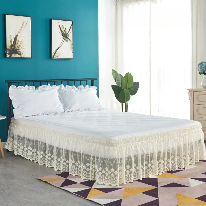 1pcs Jacquard Lace Bed Apron Pleated Surroundings Decorative Cover Fabric 38cm Height Single-layer Bed Skirt Easy To Disassemble