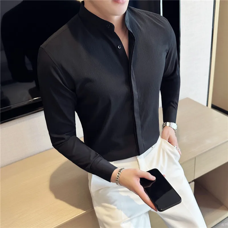 Brand 2023 New Fashion Stand Collar Solid Slim Fit Shirts Mens Casual Luxury Long Sleeve Party Wedding Business Dress Shirts