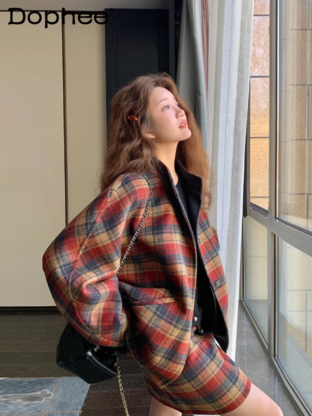 Korean Version Retro Skirt Set Loose Long Sleeve Plaid Coats Early Autumn 2024 New A Line Skirt Two-piece Sets Womens Outfits