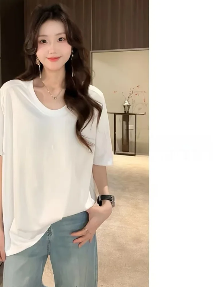 

Oversize U-Neck Modal T-Shirt Women's Loose Long Sleeveless Top Korean Style Commute Fashion High Waist Long Pants Summer Wear