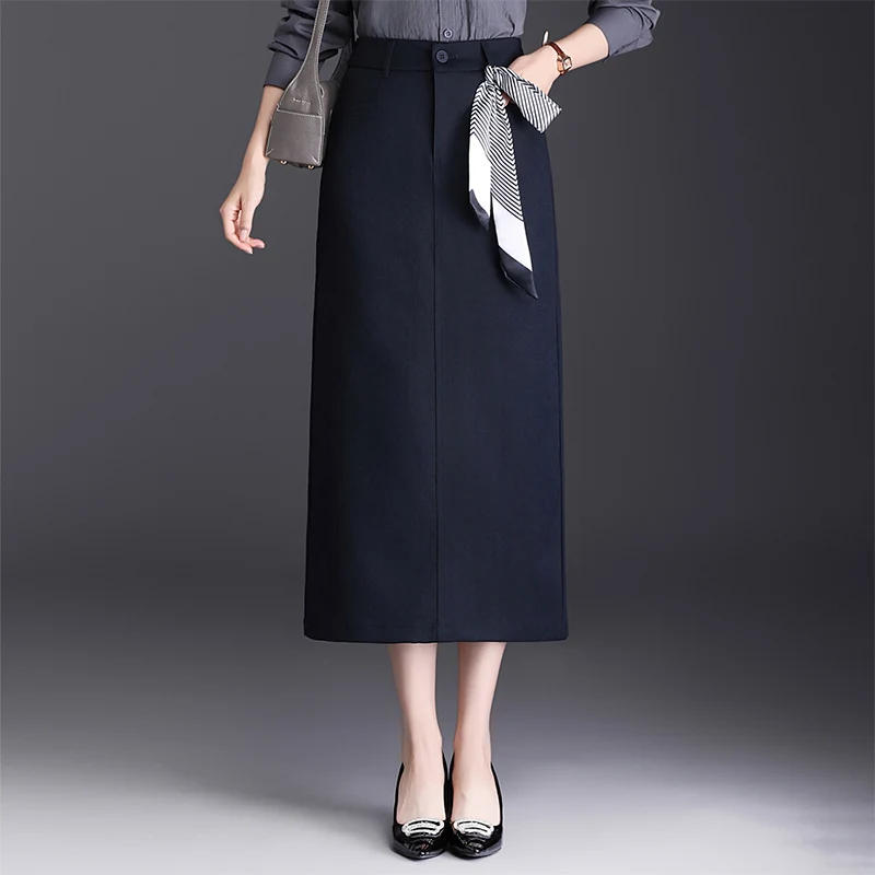 

ZUZK New Straight Skirt Women Popular Scarf Decorative Skirt Elastic High Waist Bodycon Skirt Slim Elegant Office Work Skirt