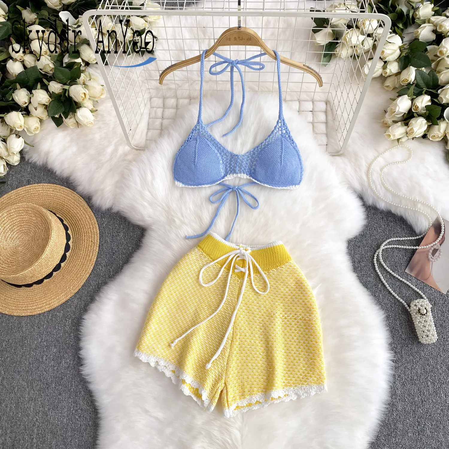 

Summer New In Matching Sets For Women Beach Vacation Bikini Suits Knitted Sexy 2 Piece Outfit Halter Vest And Short Elegant Set