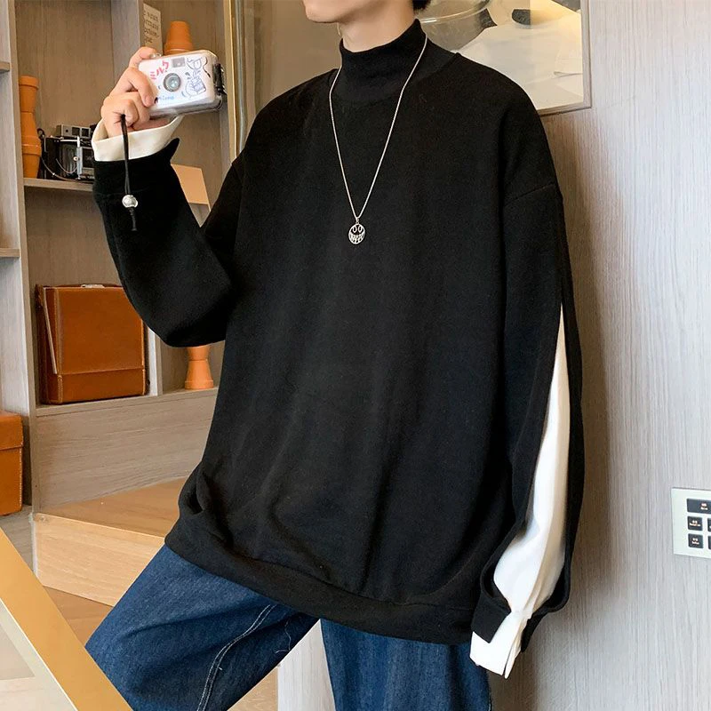 Fall Winter Turtleneck Long Sleeve O Neck Men T Shirt Black White Split Fork Spliced Vintage Harajuku Oversize Pullovers Top Tee