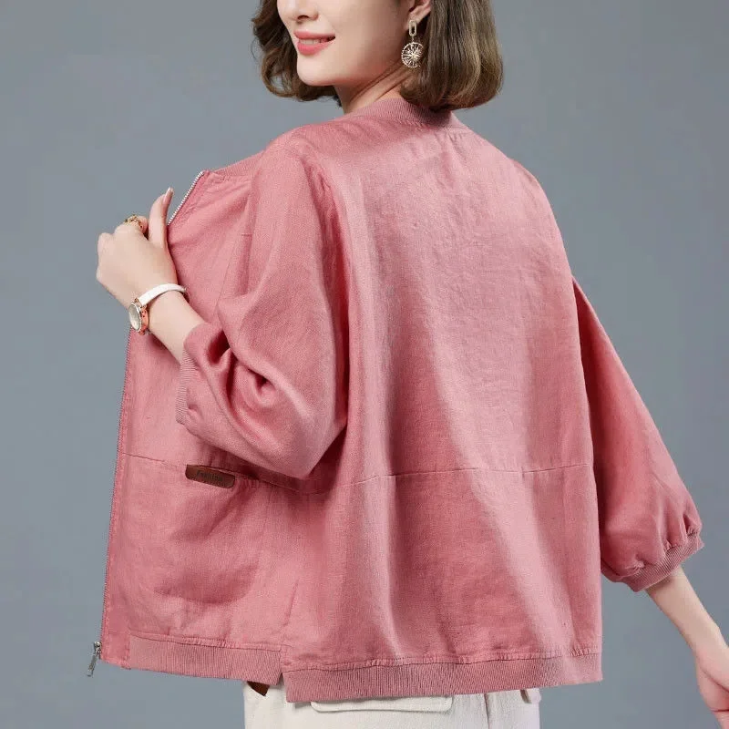 Cotton Linen Sunscreen Clothing Ventilate Summer Autumn Thin Women\'s Coat 2023 New Casual Short Jacket Female Outerwear Tops