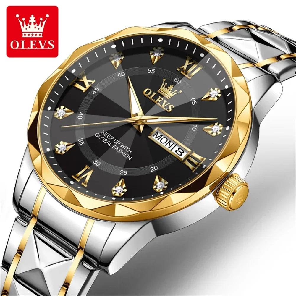 OLEVS 5609 Original Quartz Watch for Men Fashion Diamond Shaped Mirror Dual Calendar Waterproof Stainless Steel Men's Wristwatch