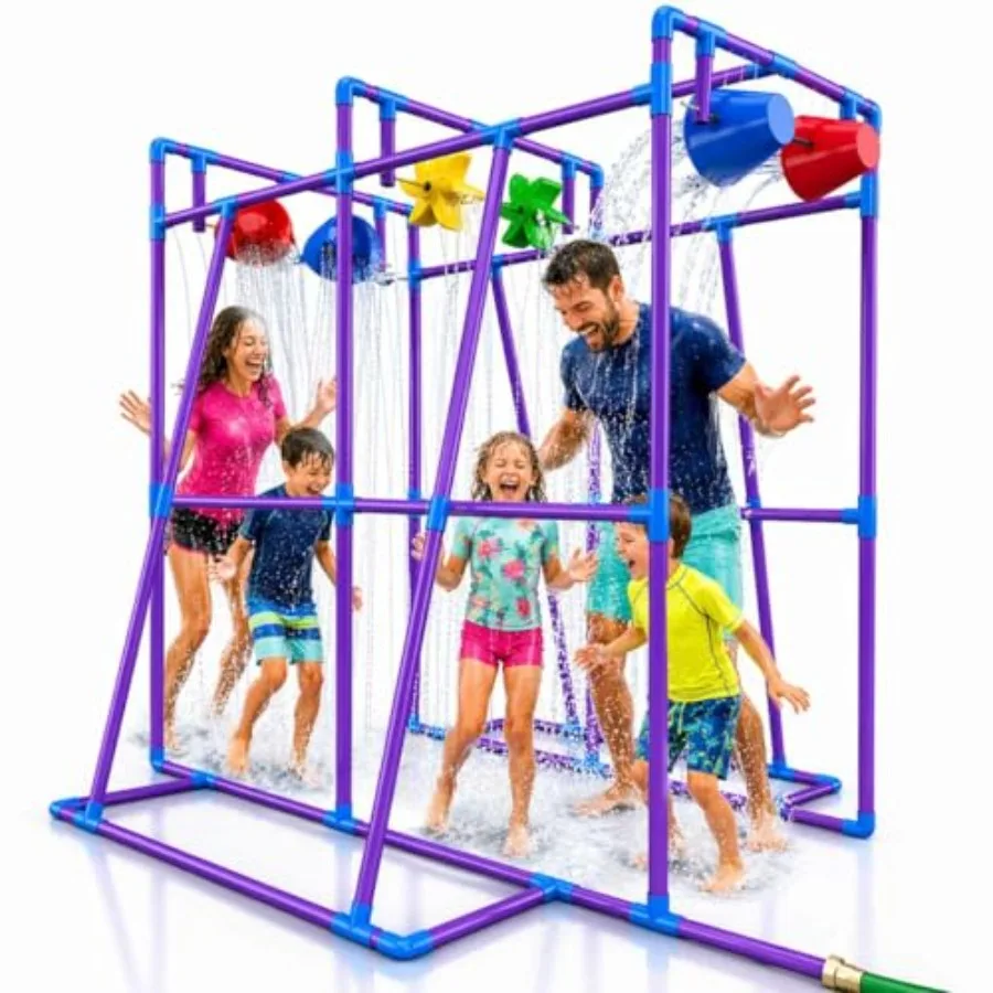 Outdoor water play structure for kids: PU material blue and yellow splash wheels + sprinkler + water buckets for backyard summe