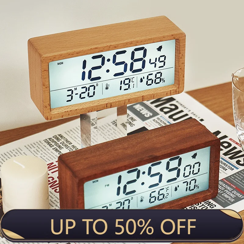 Solid Wood Desk Clock Multi-function Alarm Clock Temperature Humidity Display Bedroom Study Desktop Ornaments Big Screen Watch