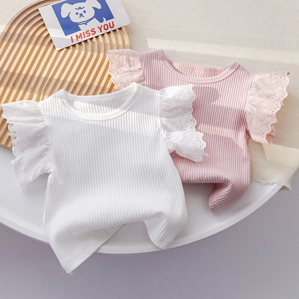 1-6Years Baby Gilrs T-shirts Summer Cute Lace Fly Sleeve O-Neck T-shirt Kids Tops Korean Style Children Clothes Solid Color Tees