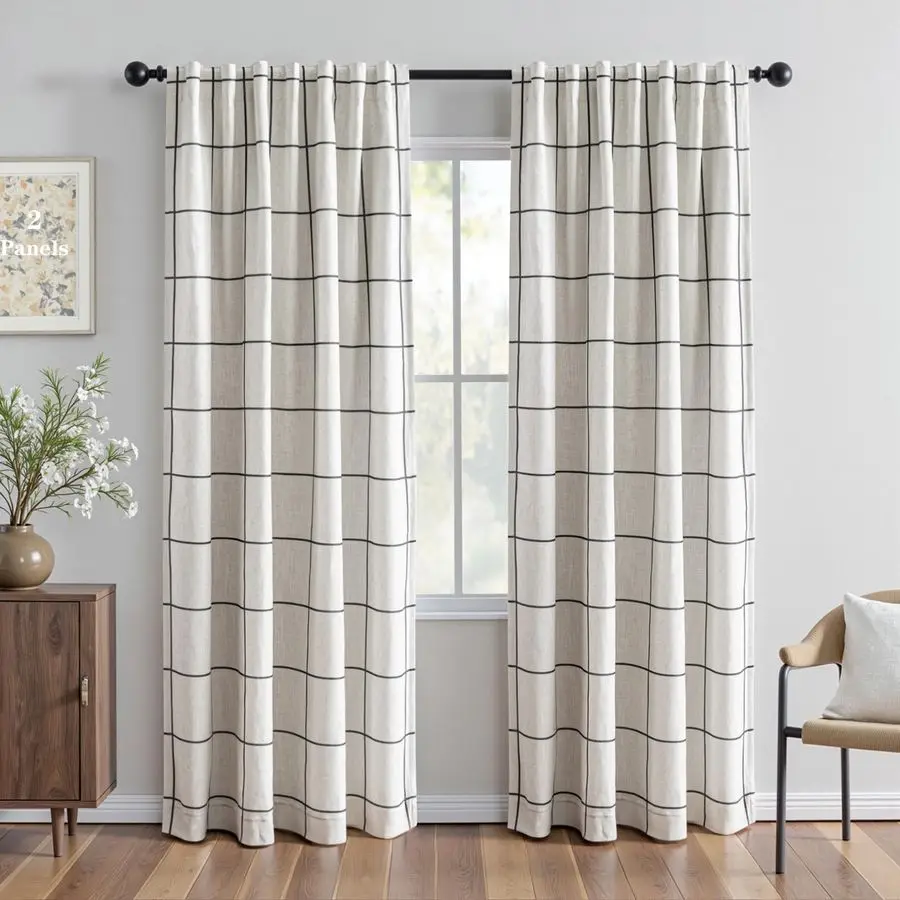 

100 Blackout Plaid Farmhouse Linen Curtains 84 Inch Long 2 Panels Set for Living Room Double Layer Windowpane Drapes Thermal Ins