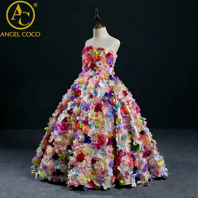 فساتين فاخرة لفتاة الزهور برقبة عالية فستان حفلات الزفاف زهور طول الأرض فستان عيد ميلاد الأميرة حسب الطلب