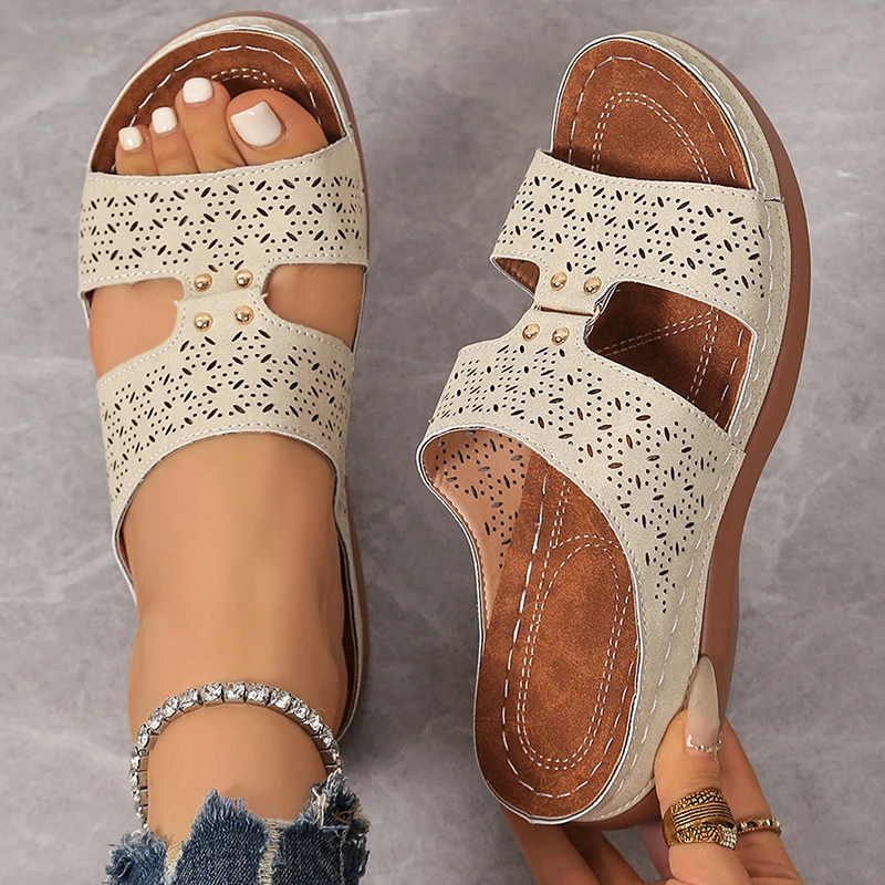 2026 الصيف النساء صندل خشبي قسط العظام المفتوحة تو الصنادل خمر المضادة للانزلاق الجلود منصة الإناث عادية الأحذية الرجعية #2