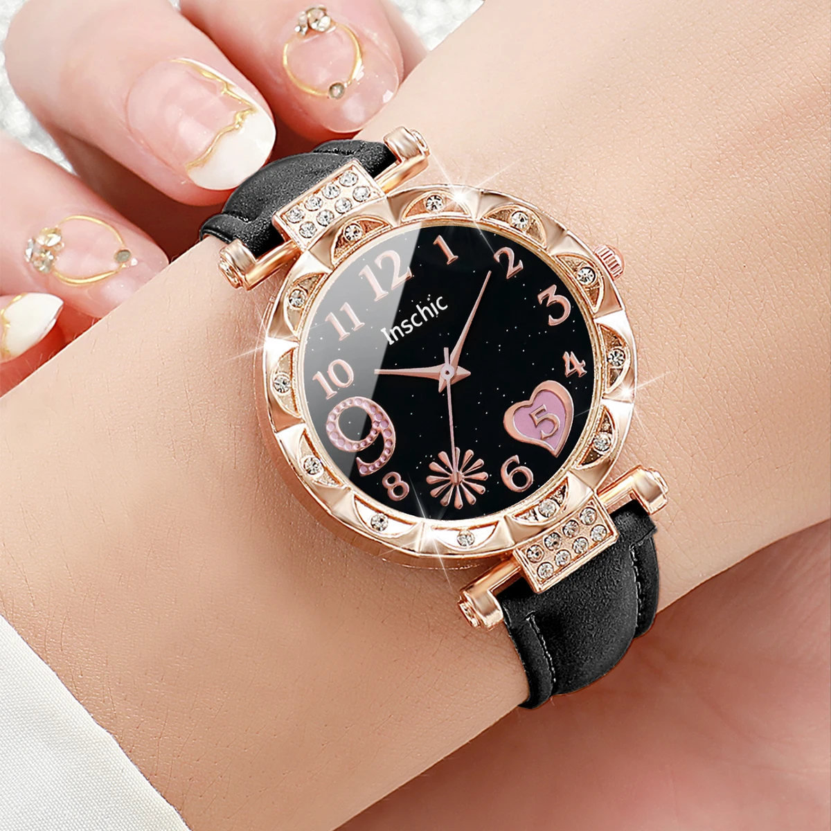 2 unids/set Ins estilo reloj de mujer Love Dial negro rosa cinturón reloj