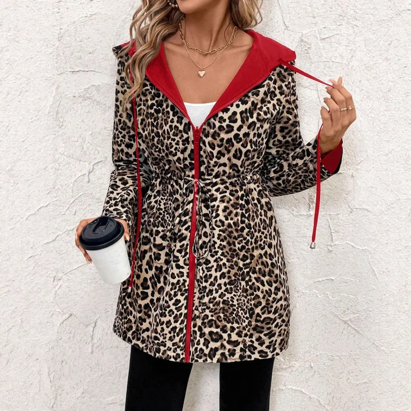 QICHE 2026 Women Reversible Leopard Print Hooded Jacket, Drawstring Waist Zip Up Long Sleeve Casual Trench Outerwear