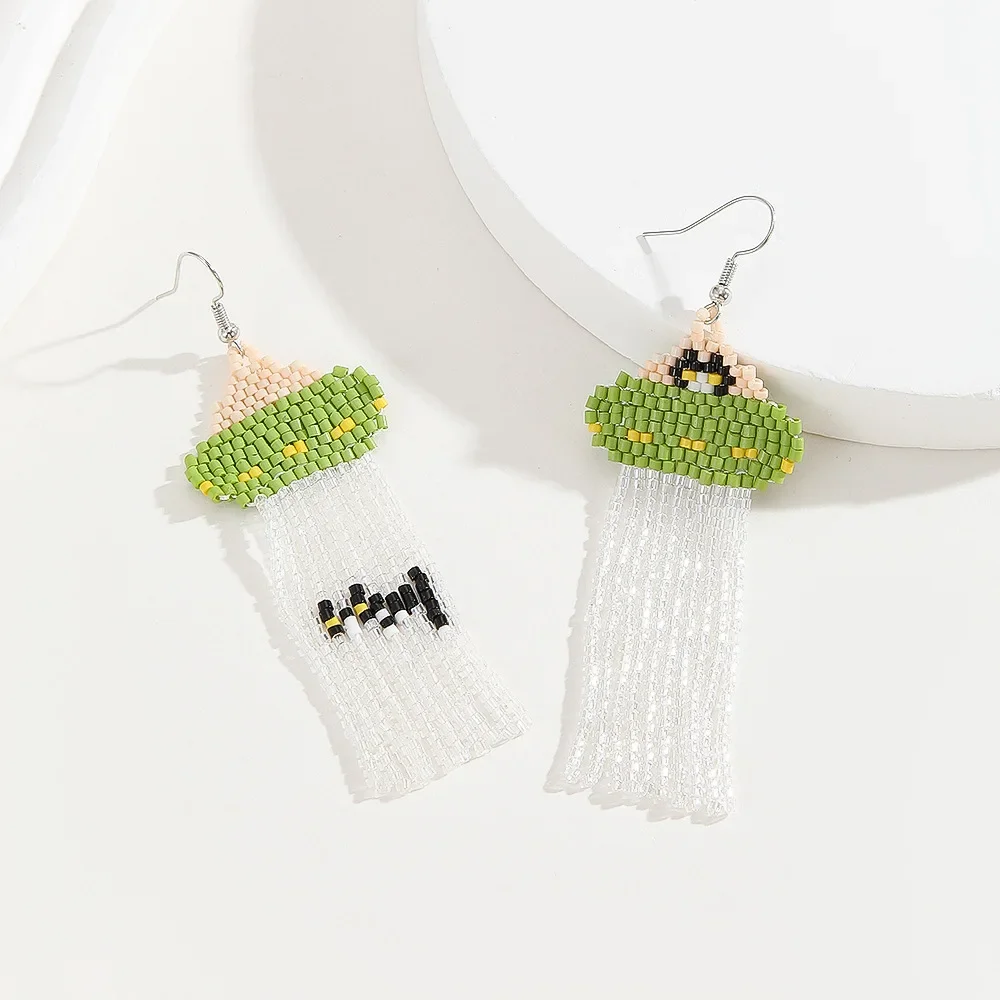 ZGMXR Rice bead earrings Tassel Medusa Bohemia Design Hand knitting Alloy Fashion Cat Female Versatile Beaded earrings