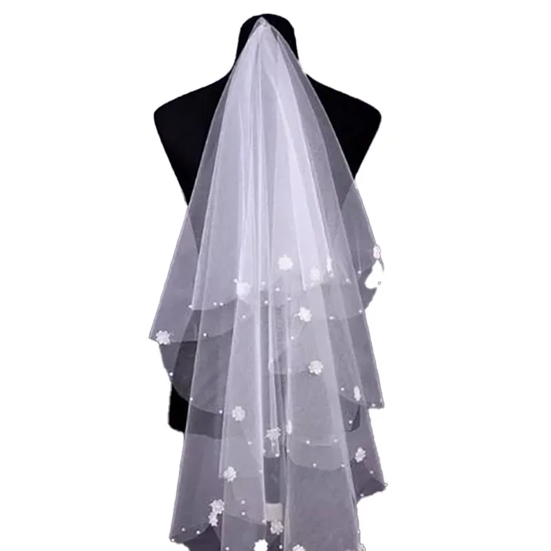 Wedding Accessories Pearl Flower Blusher Veil 1.5m Bridal Veils Short Ivory Veil