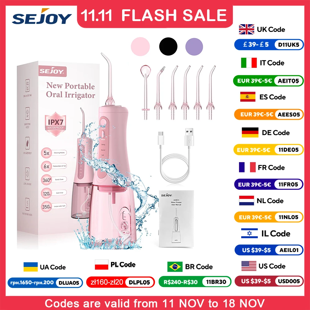 Sejoy Water Dental Flosser Cordless for Teeth Cleaning 5 Modes Oral Irrigator Braces Flossers Cleaner Portable for Travel Home