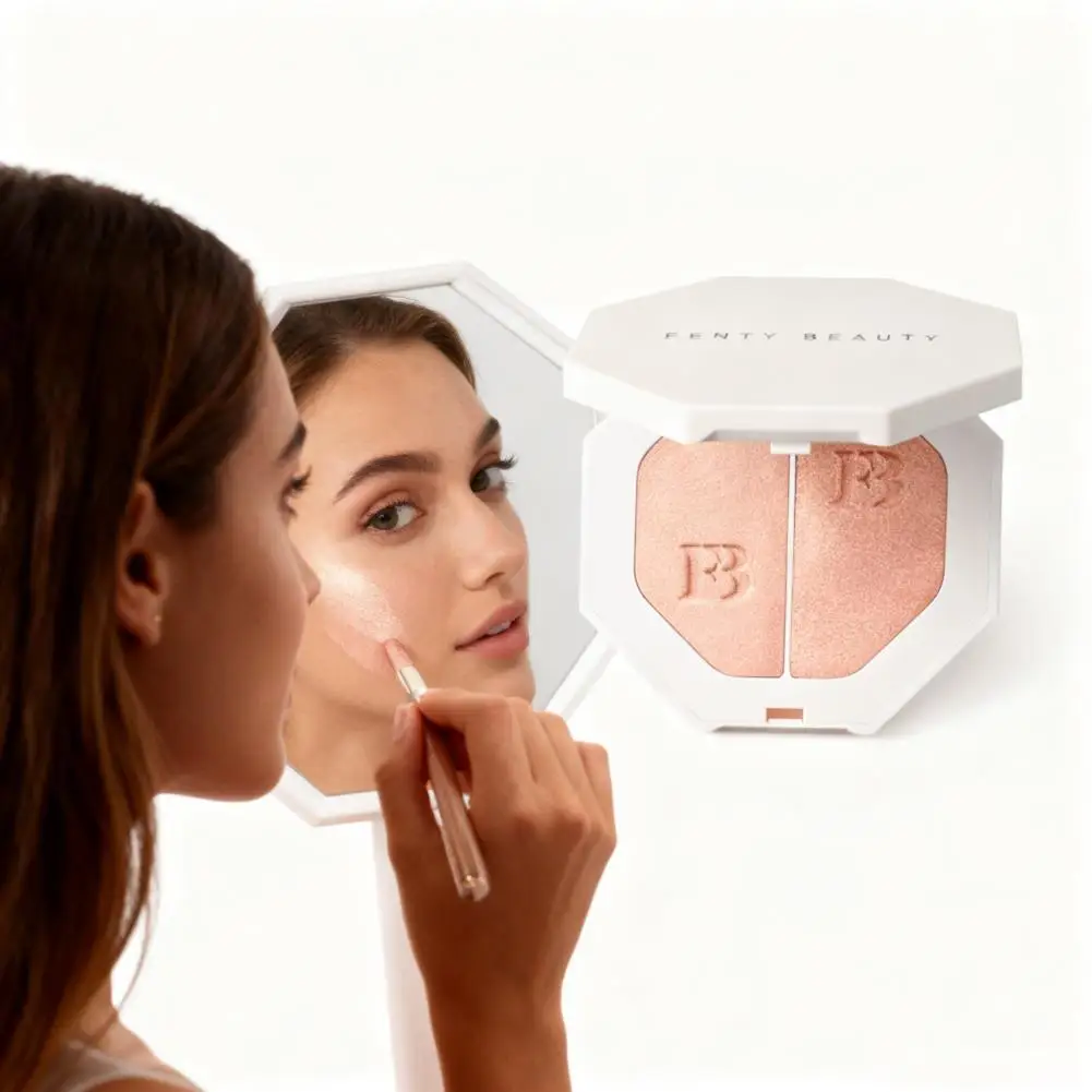 مجموعة بودرة مضغوطة ثلاثية الأبعاد من Fenty Beauty للتحكم في الزيت، مكياج يدوم طويلاً، تركيز ناعم، تسليط الضوء على تفتيح غاسل الكنتوري