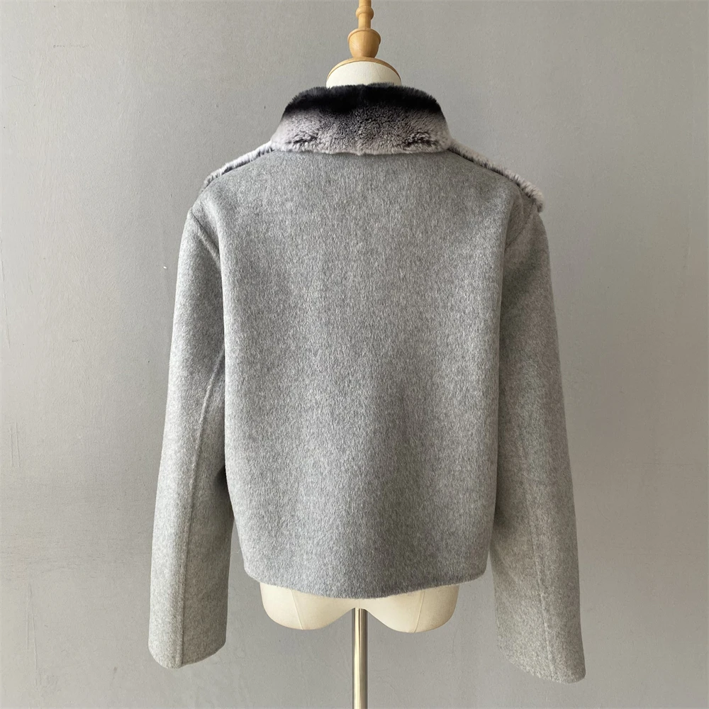 

Jaxmonoy Real Rex Rabbit Fur Coat for Women Autumn Winter Fashion Cashmere Wool Jacket Patchwork Real Rex Fur 2025 New Arrival