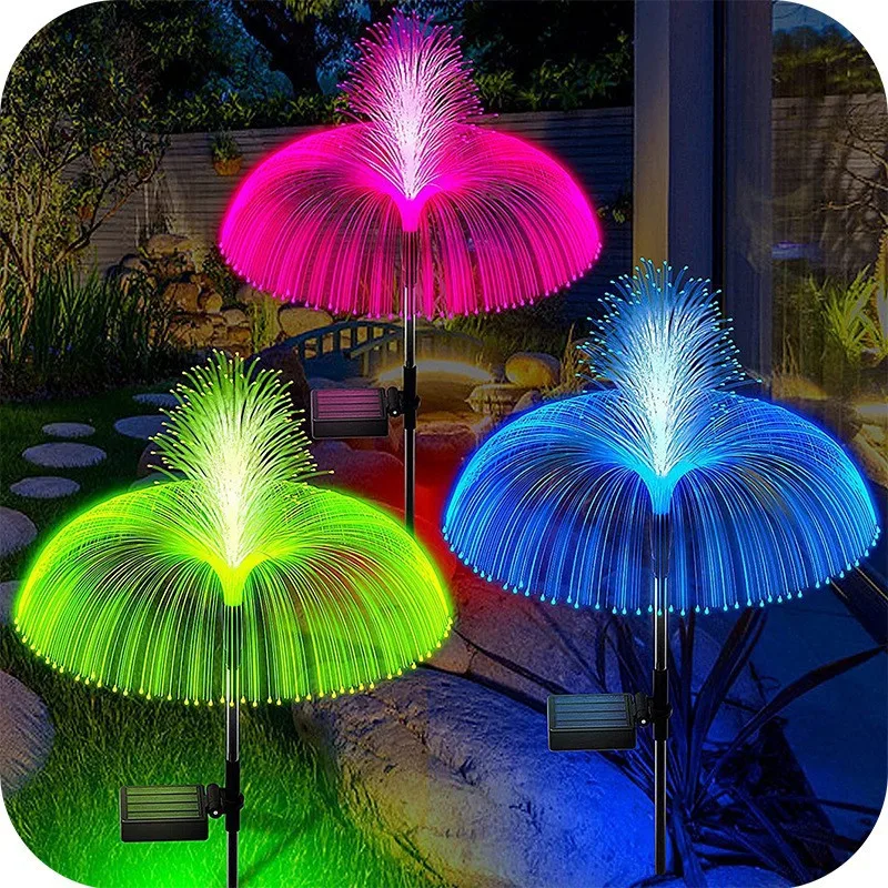 Lampe LED solaire en forme de méduse à fibre optique, imperméable, luminaire décoratif d'extérieur, idéal pour un jardin ou une pelouse, 7 couleurs