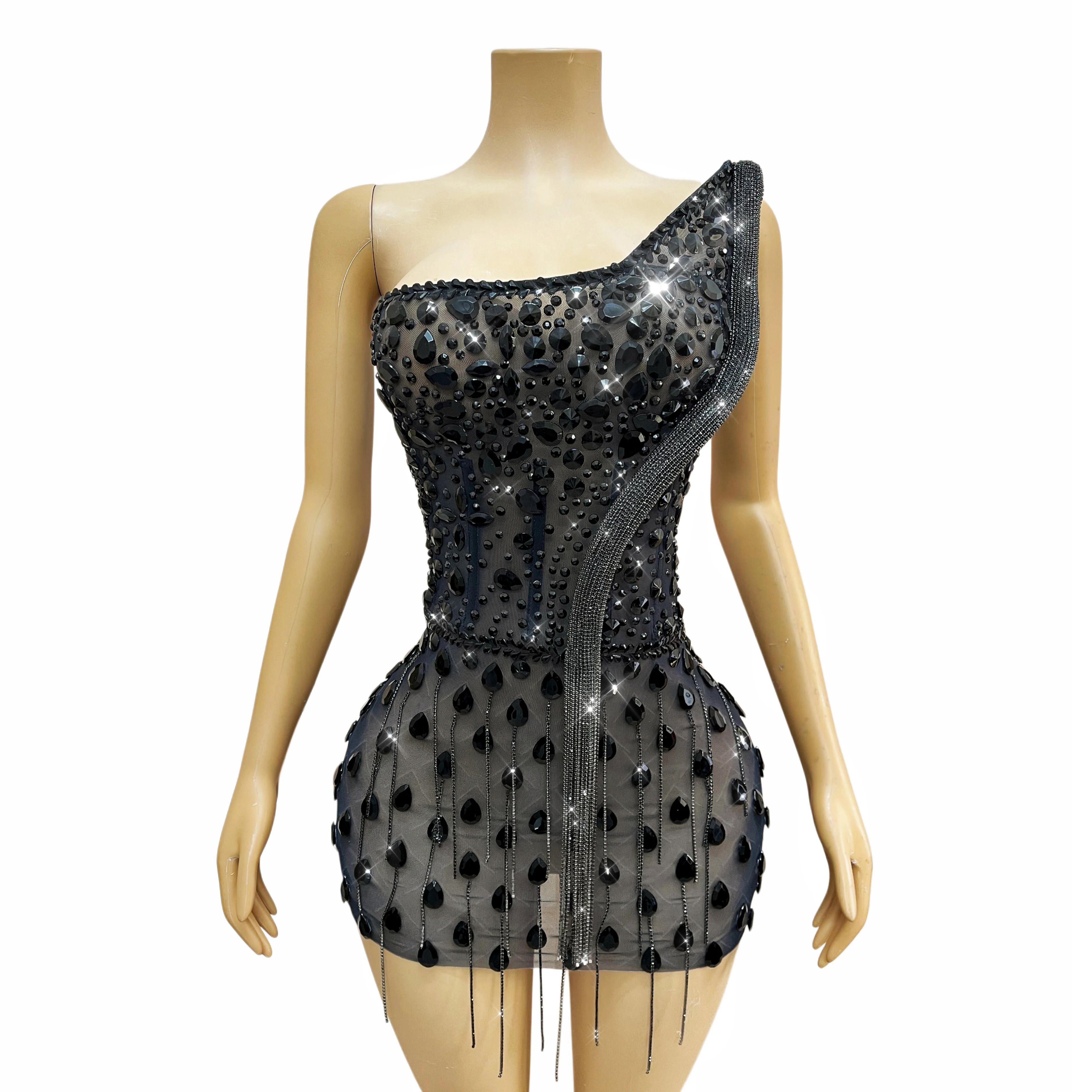 

High-end Handmade Shining Crystals Chains Sexy Mesh Dress Women Evening Cocktail party Gown Fashion Show Stage Outfit Heishe