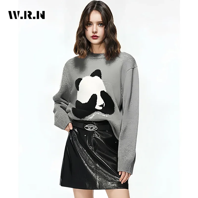 Sweet Casual Knit Long Sleeve Pullovers 2024 Winter Vintage Fashion Women Jumpers Panda Print Round Neck Ladies Grey Sweater