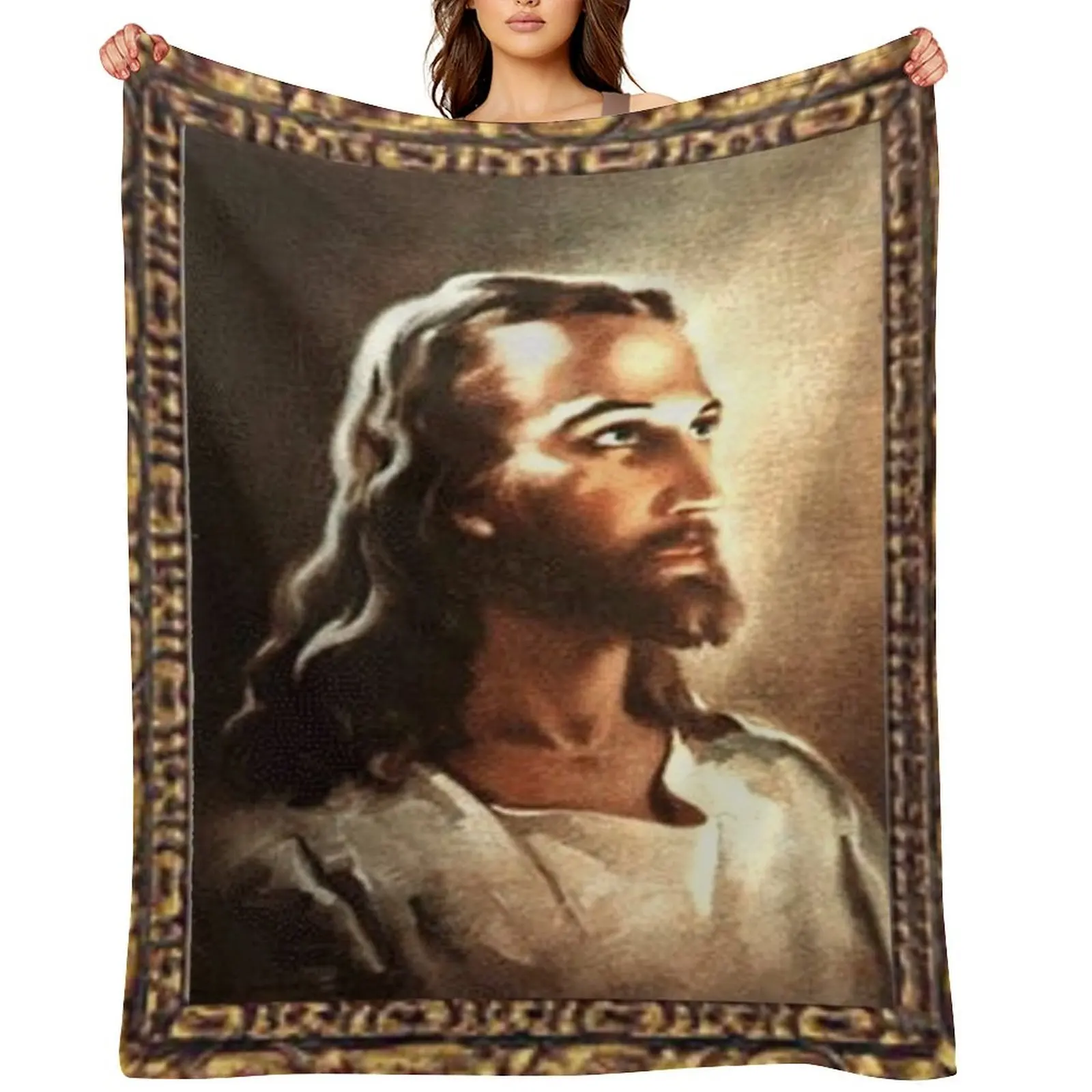 

WARNER SALLMAN'S JESUS FRAMED Throw Blanket Flannel Flannel Fabric Plush Comforter Blankets