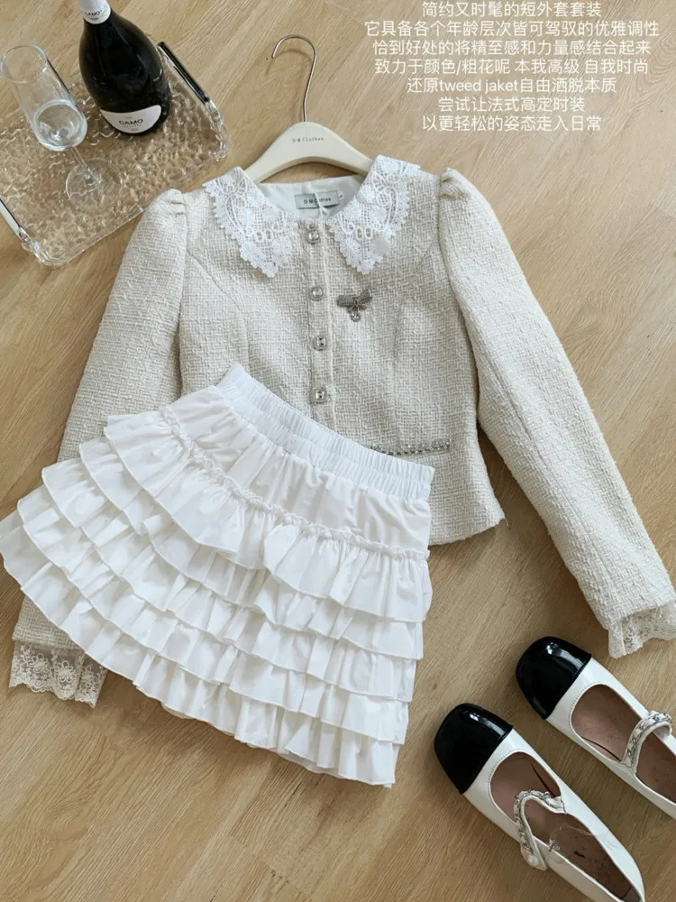 High Quality Small Fragrant 2 Piece Outfits Women Tweed Jacket Coat + Short Skirts Sets Autumn Fashion Sweet Two-piece Suits