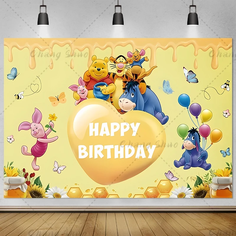 

Disney Winnie the Pooh Party Backdrops Newborn Kids Happy Birthday Decoration Photography Background Custom Background Banner
