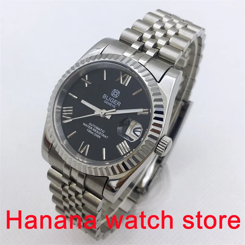 36/39mm men's waterproof diving watch in blue black grey dials Roman numerals NH35 movement sapphire glass stainless steel strap