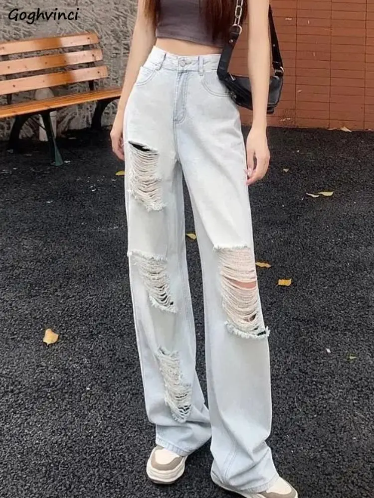 

Hole Jeans Women Ripped Vintage Loose Wide Leg Streetwear Chic Fashion Ulzzang Hip Pop High Waist Casual Summer Simple Trousers