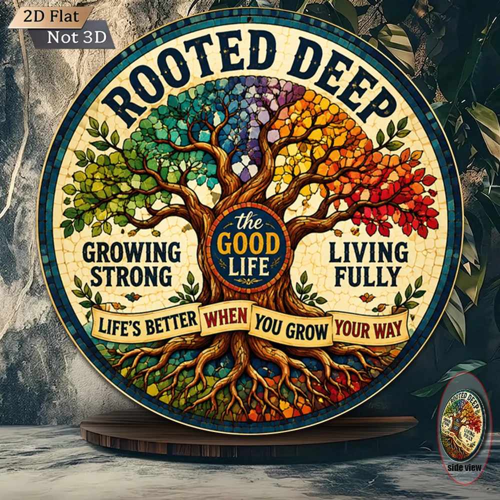 2D Flat, 1pc 2D Flat 8x8 Inch 20x20cm Round Metal Aluminum Sign Vintage Wall Decor Good Life Growth Rooted Tree of Life Retro Ci