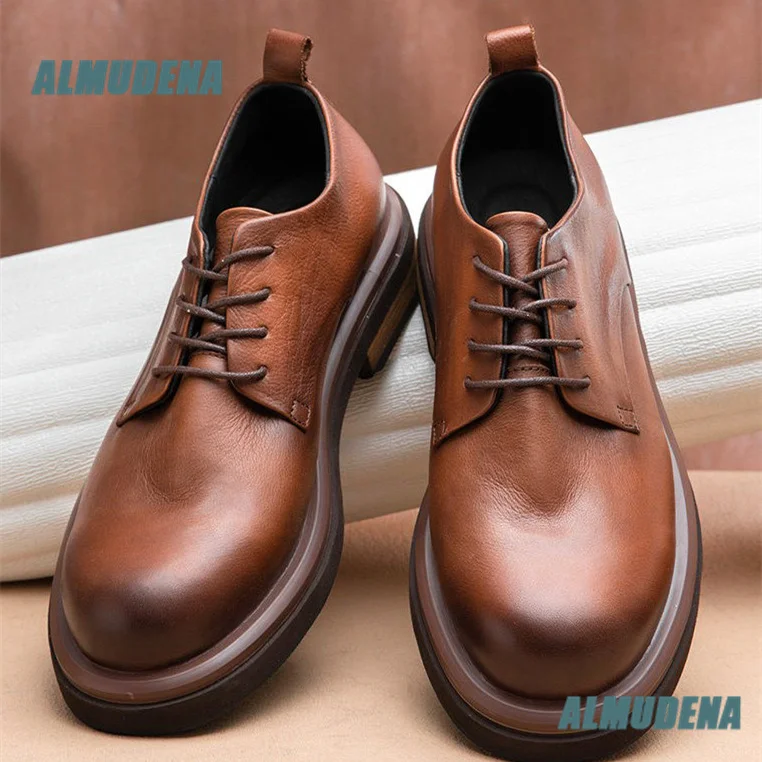 Men Vintage Brown Leather Derby Shoes Lace Up Thick Platform Sole Casual Formal Dress Shoes Stylish Handmade Men's Shoes