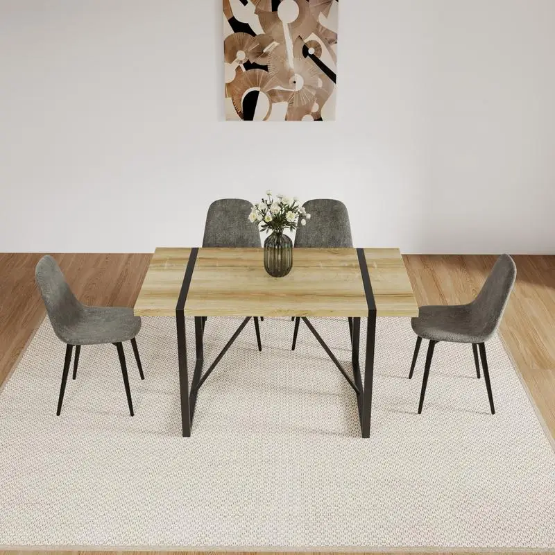 55" MDF Dining Table & Set of 4 Modern Chairs, Mid Century Wood Kitchen Table with Metal Base & Leg, Suede Upholstered Dining