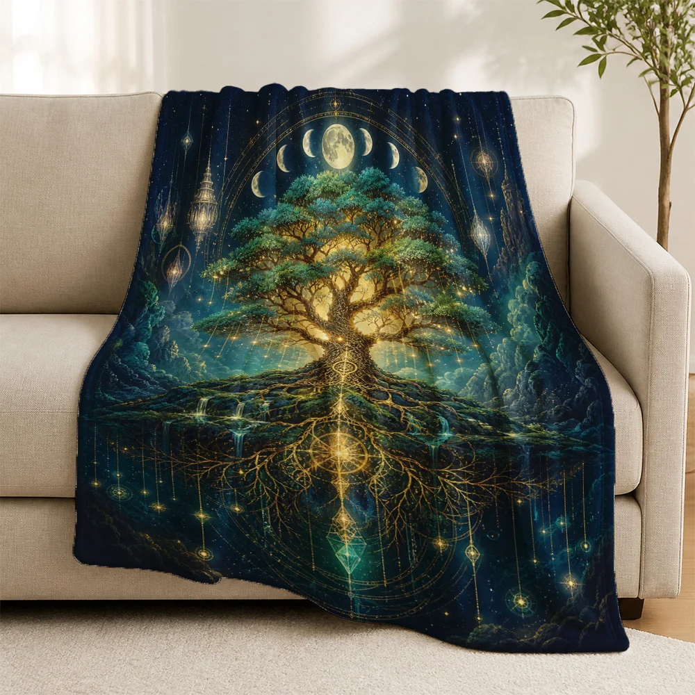 Bohemian Tree of Life Tapestry Throw Blanket for Sofa Home Decor Celestial Mystical Glowing Forest Nature Art Wall Hanging Accen