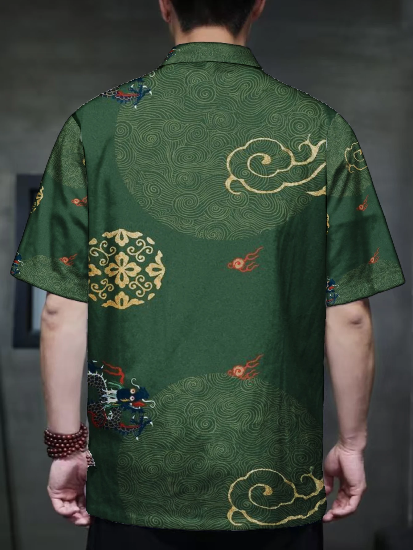 Men Mandarin Collar Frog Button Short Sleeve Shirt Crane Pavilion Ink Wash Dragon Cloud Print Traditional Top
