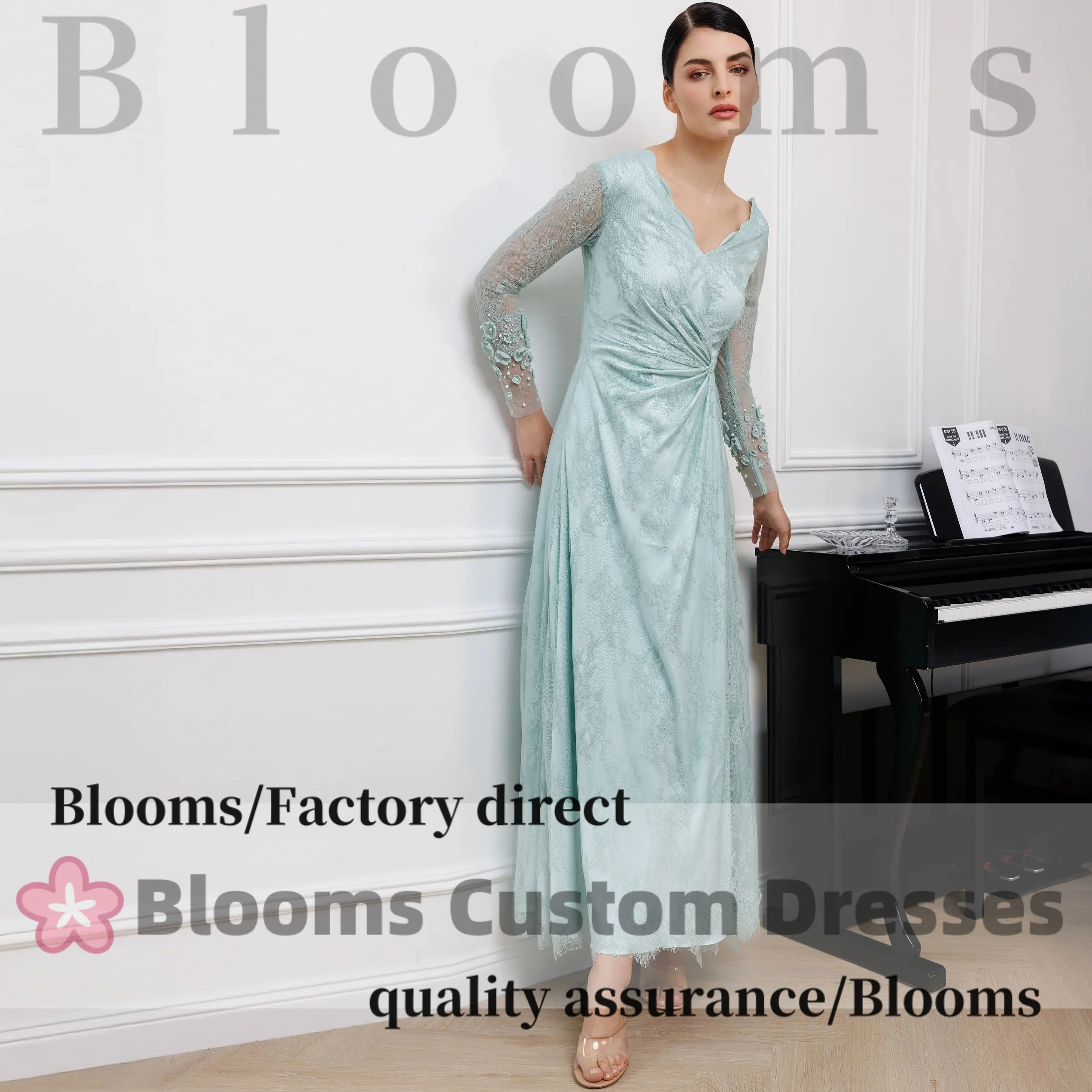 Blooms V-Neck Lace Customized Prom Dress A-Line Long Sleeve Flowers Beads Special Occasion Pleated Midi Evening Dress